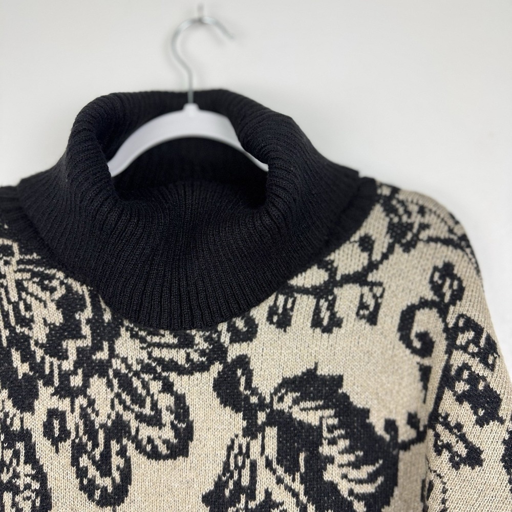 N Touch Sweater Women's XL Black Tan Mock Cowl Neck Long Sleeve Floral - Picture 3 of 9